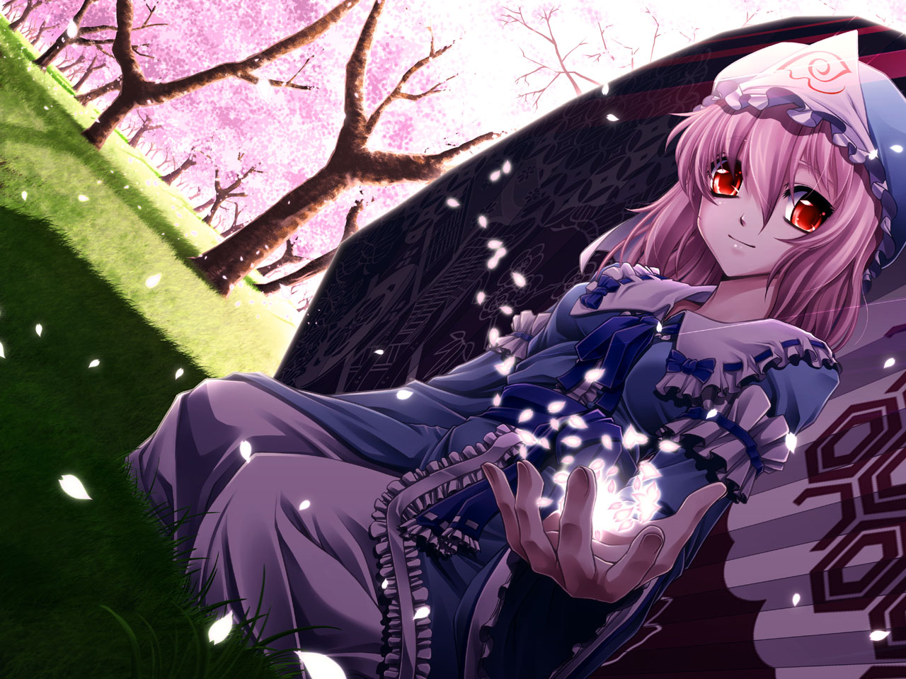 uraomote, saigyouji yuyuko, touhou, 1girl, blush, cherry blossoms, dutch angle, female focus, frills, goshoguruma, grass, hat, honeycomb pattern, japanese clothes, looking at viewer, mob cap, outdoors, pink hair, red eyes, saigyouji yuyuko's fan design, shippou (pattern), short hair, sitting, smile, solo, spring (season), triangular headpiece, wide sleeves