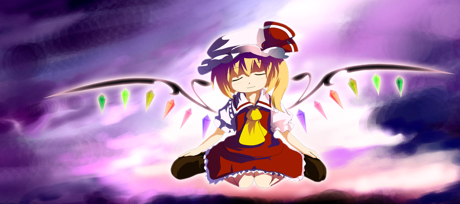 tsubasa (abchipika), flandre scarlet, touhou, highres, 1girl, blonde hair, closed eyes, female focus, hat, mob cap, solo, wings
