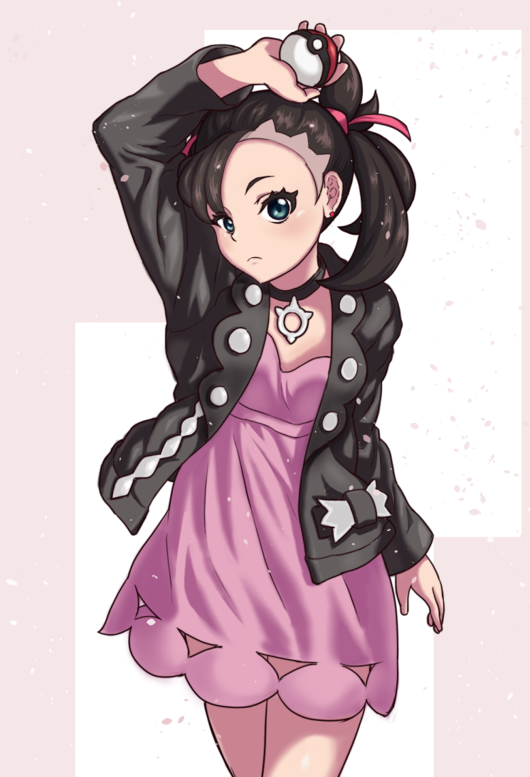 yakushima, marnie (pokemon), nintendo, pokemon, pokemon swsh, commentary request, 1girl, arm up, asymmetrical bangs, black choker, black hair, black jacket, choker, closed mouth, cowboy shot, dress, ear piercing, green eyes, hair ribbon, holding, holding poke ball, jacket, piercing, pink dress, poke ball, poke ball (basic), purple dress, ribbon, solo, standing, undercut