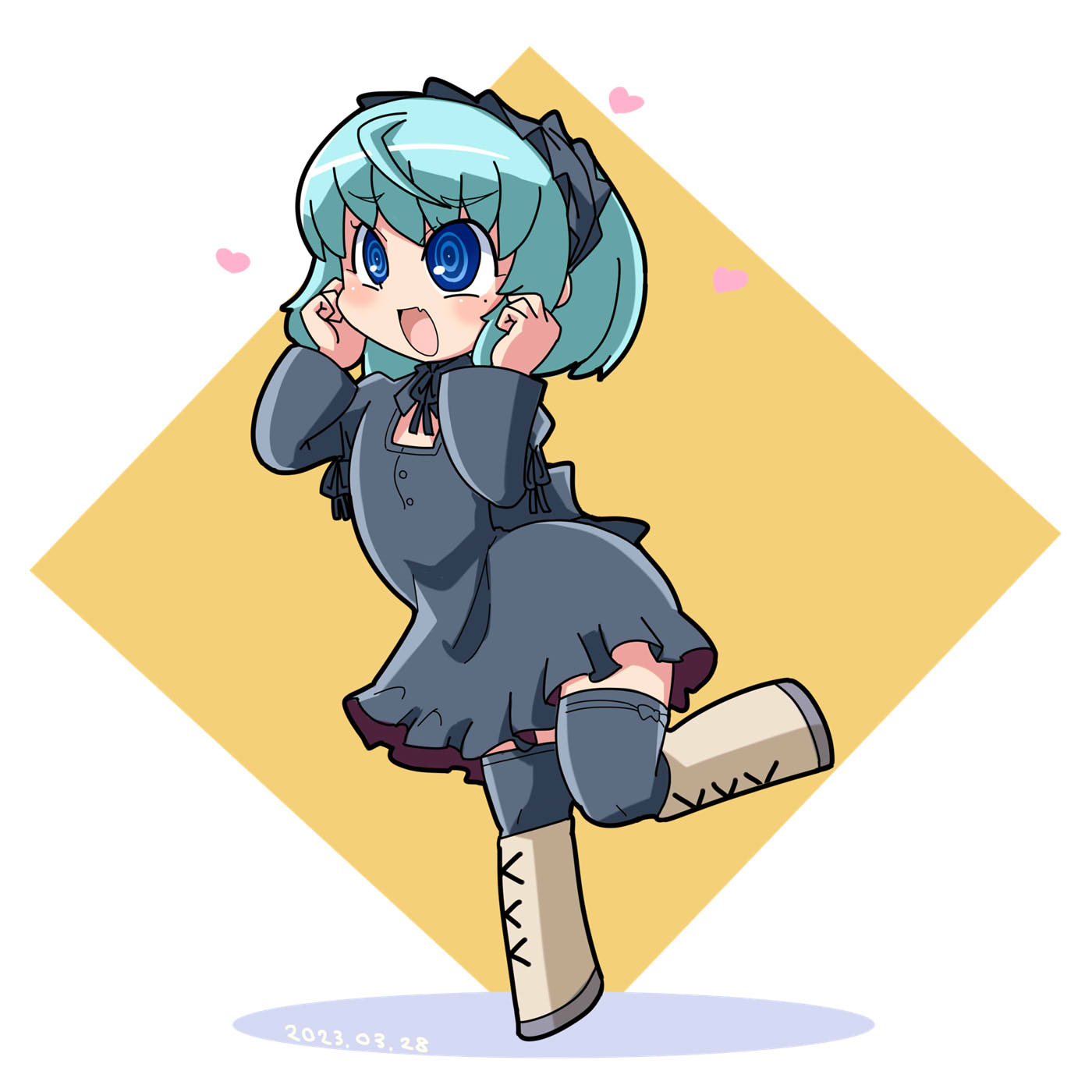 itini-sanshi, 2channel, commentary request, highres, 1boy, 2channel (/livejupiter/), :d, aile-kun, blue eyes, blue hair, blush, crossdressing, crossdressing (mtf), dated, dress, fang, frilled hairband, frills, full body, grey dress, grey hairband, grey thighhighs, hairband, heart, looking afar, male focus, open mouth, short hair, simple background, skin fang, smile, solo, standing, standing on one leg, thighhighs, trap, white background, yellow background
