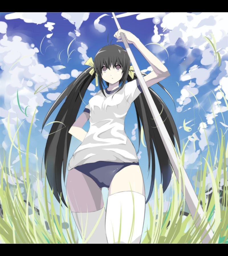 nauribon, original, bad id, bad pixiv id, 1girl, black hair, buruma, cloud, day, female focus, flower, grass, gym uniform, letterboxed, long hair, sky, solo, thighhighs, twintails
