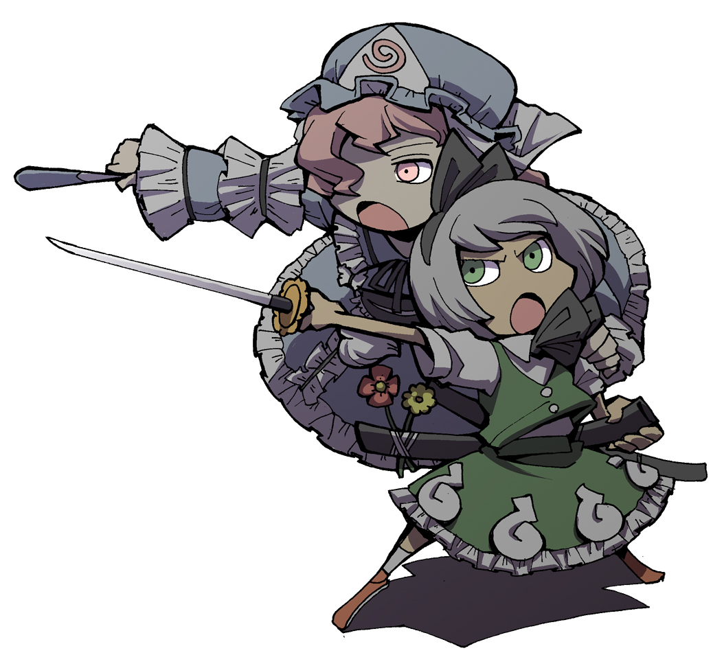 hounori, konpaku youmu, saigyouji yuyuko, touhou, brown legwear, white legwear, bad id, bad pixiv id, 2girls, ankle socks, bow, dress, female focus, fighting stance, floating, flower, frills, green eyes, grey hair, hair over one eye, hand fan, hat, katana, multiple girls, no nose, open mouth, pink eyes, pink hair, short hair, simple background, skirt, socks, sword, weapon, white background