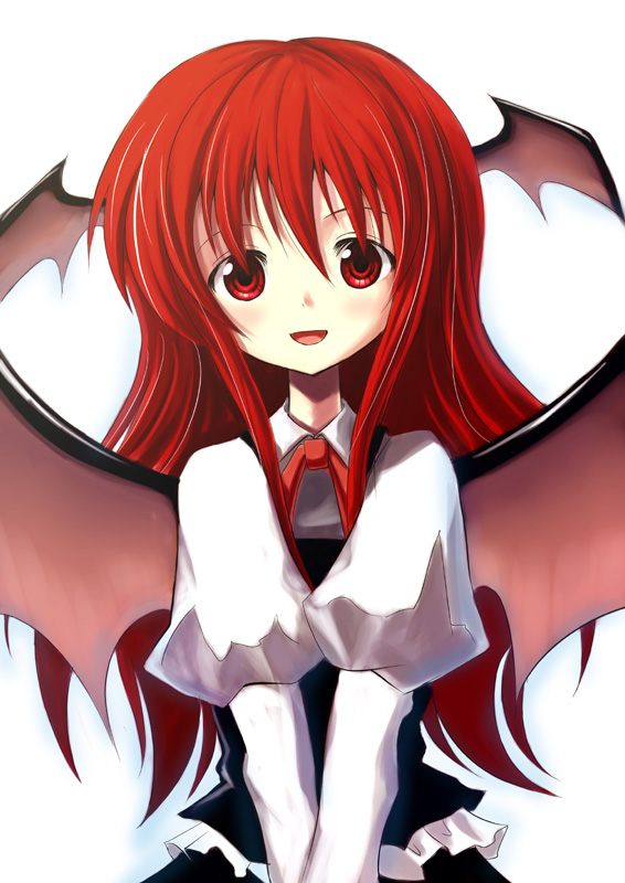 nurupeppe, nurupeppe (pixiv), koakuma, embodiment of scarlet devil, touhou, bad id, bad pixiv id, 1girl, female focus, head wings, long hair, red eyes, red hair, solo, standing, white background, wings