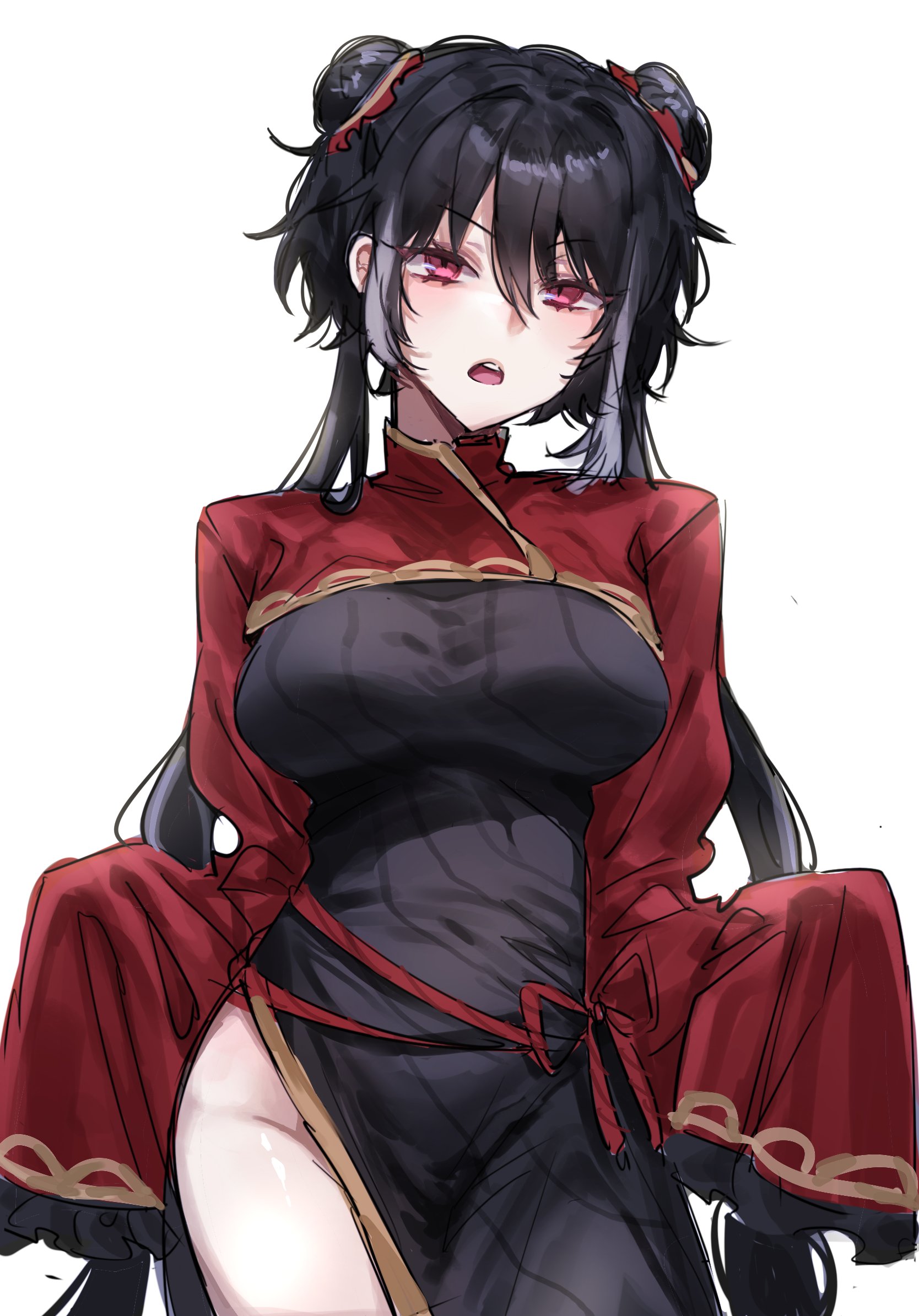 jia xichun (project moon), limbus company, project moon, highres, 1girl, :o, black dress, black hair, breasts, chinese clothes, double bun, dress, hair bun, long hair, long sleeves, looking at viewer, multicolored hair, open mouth, pink eyes, red shrug, rope belt, shrug (clothing), simple background, solo, standing, streaked hair, thighs, twintails, upper body, white background, white streaks, wwwww 910