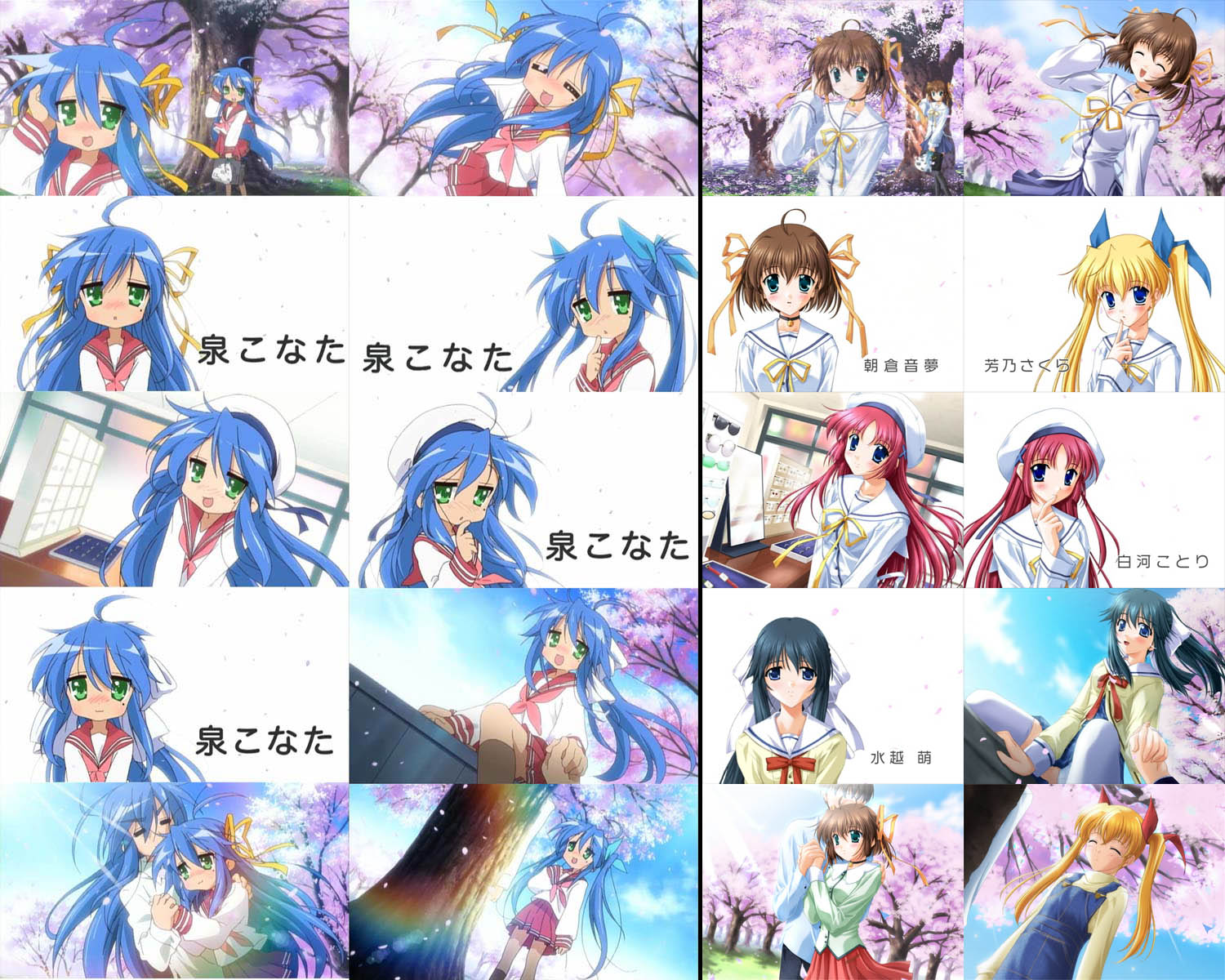 asakura nemu, izumi konata, mizukoshi moe, shirakawa kotori, yoshino sakura, da capo, da capo i, lucky star, anime screenshot, gender request, highres, 2boys, 5girls, = =, bell, choker, comparison, genderswap, jingle bell, mole, mole under eye, multiple boys, multiple girls, parody, ribbon, time paradox
