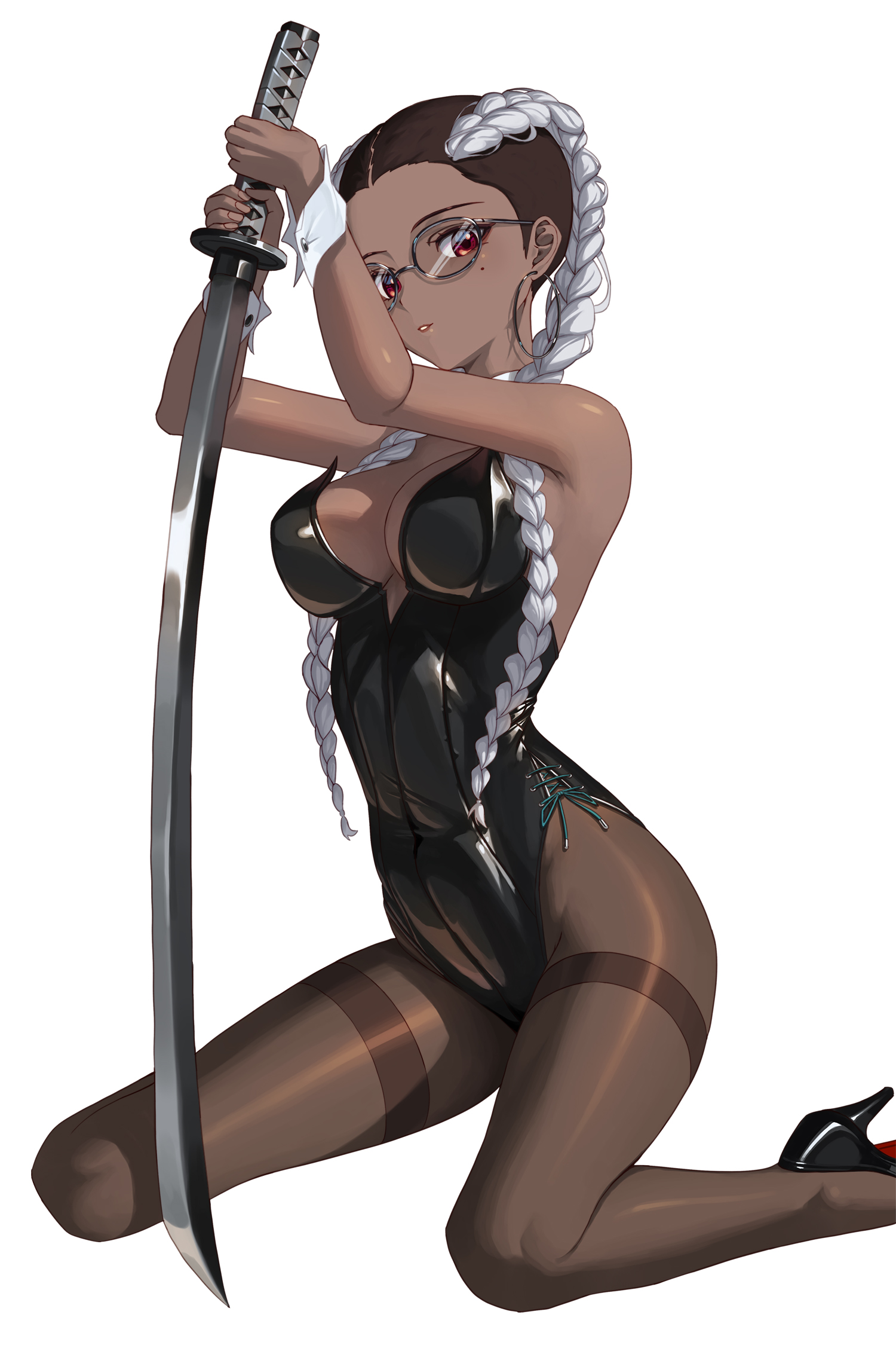 bowlp, original, commentary, commission, english commentary, highres, pixiv commission, 1girl, bare arms, bare shoulders, black leotard, black shoes, braid, breasts, brown hair, brown pantyhose, dark-skinned female, dark skin, earrings, fingernails, forehead, full body, glasses, high heels, highleg, highleg leotard, holding, holding sword, holding weapon, hoop earrings, jewelry, katana, leotard, long hair, looking at another, looking at viewer, medium breasts, mole, mole under eye, multicolored hair, nontraditional playboy bunny, open mouth, pantyhose, parted lips, red eyes, red lips, round eyewear, shoes, side-tie leotard, simple background, sitting, solo, strapless, strapless leotard, sword, teeth, twin braids, two-tone hair, v-shaped eyebrows, weapon, white background, white hair, wrist cuffs, yokozuwari