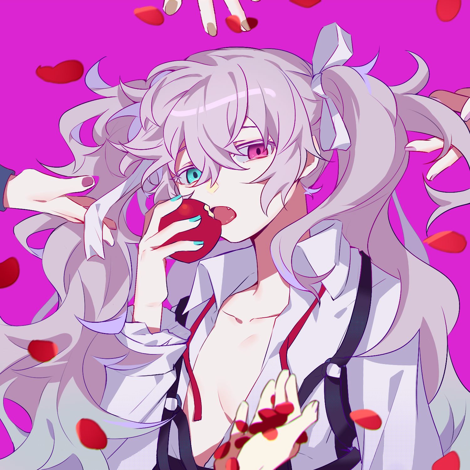 ximuye, 25-ji miku, akiyama mizuki, asahina mafuyu, hatsune miku, shinonome ena, yoisaki kanade, 25-ji nightcord de. (project sekai), project sekai, vocaloid, chinese commentary, commentary, highres, 1other, 4girls, apple, aqua eyes, aqua nails, bow, breasts, breasts apart, brown nails, chromatic aberration, collared shirt, colored eyelashes, double-parted bangs, eating, fang, fingernails, food, frilled sleeves, frills, fruit, grey hair, hair between eyes, hair bow, hand up, heterochromia, holding, holding food, holding fruit, long hair, long sleeves, multiple girls, nail polish, neck ribbon, open clothes, open mouth, open shirt, petals, pink background, pink eyes, pink nails, puffy long sleeves, puffy sleeves, red petals, red ribbon, ribbon, rose petals, shirt, simple background, small breasts, solo focus, suspenders, tongue, twintails, undone neck ribbon, upper body, very long hair, white bow, white eyelashes, white shirt