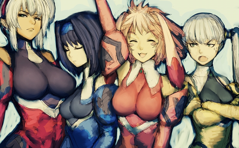 fumio (rsqkr), dominia yizkor, kelvena, kelvena (xenogears), seraphita, seraphita (xenogears), tolone, tolone (xenogears), xenogears, 4girls, animal ears, black hair, blonde hair, blush, breasts, cleavage, closed eyes, elbow gloves, everyone, gloves, green eyes, headband, huge breasts, large breasts, multiple girls, rabbit ears, short hair, smile, twintails, white hair