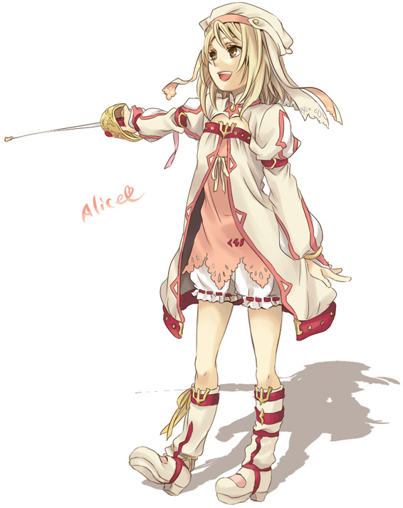 miho (mi), alice (tales), tales of (series), tales of symphonia, tales of symphonia: dawn of the new world, md5 mismatch, 00s, 1girl, blonde hair, bloomers, boots, brown eyes, character name, female focus, heart, heart of string, knee boots, rapier, short hair, smile, solo, sword, underwear, weapon, white bloomers