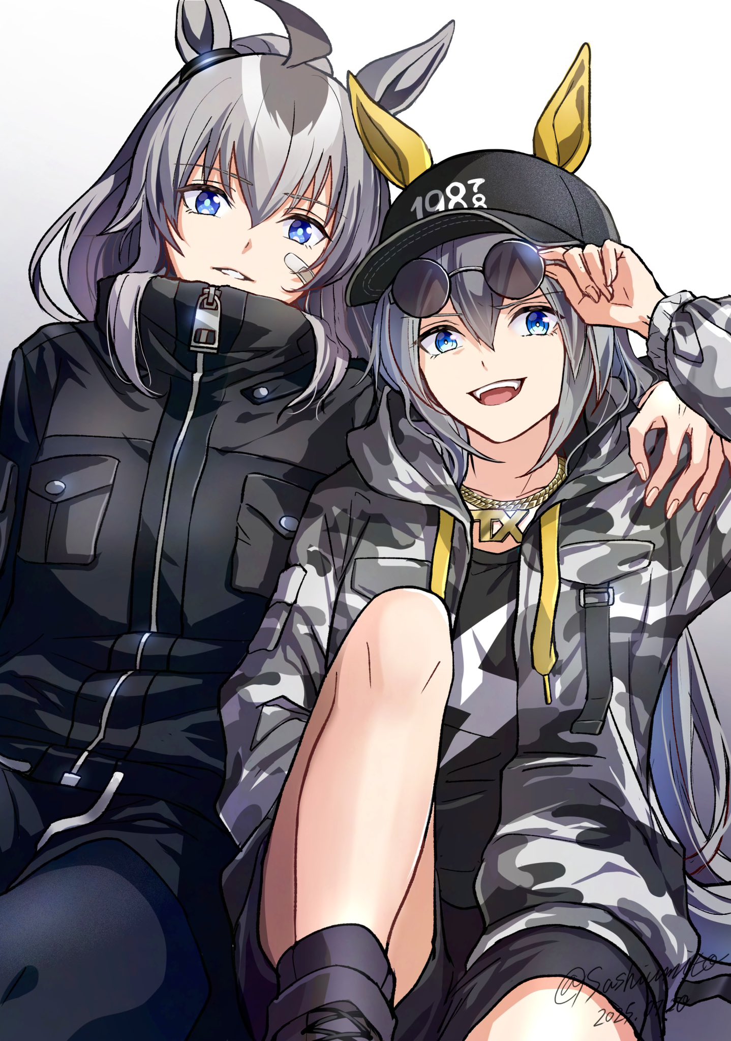 sashiumito, oguri cap (umamusume), tamamo cross (umamusume), umamusume, umamusume: cinderella gray, commentary request, highres, 2girls, adjusting eyewear, ahoge, alternate costume, animal ears, arm around shoulder, bandaid, bandaid on face, black hat, black jacket, black pants, black shirt, black shorts, blue eyes, ear covers, ear ornament, ears through headwear, eyewear on head, grey hair, grey jacket, hair between eyes, hat, hood, hood down, hooded jacket, horse ears, horse girl, jacket, jewelry, knee up, long hair, long sleeves, looking at viewer, multicolored hair, multiple girls, necklace, open mouth, pants, parted lips, shirt, shorts, simple background, sitting, smile, sunglasses, teeth, upper teeth only, very long hair