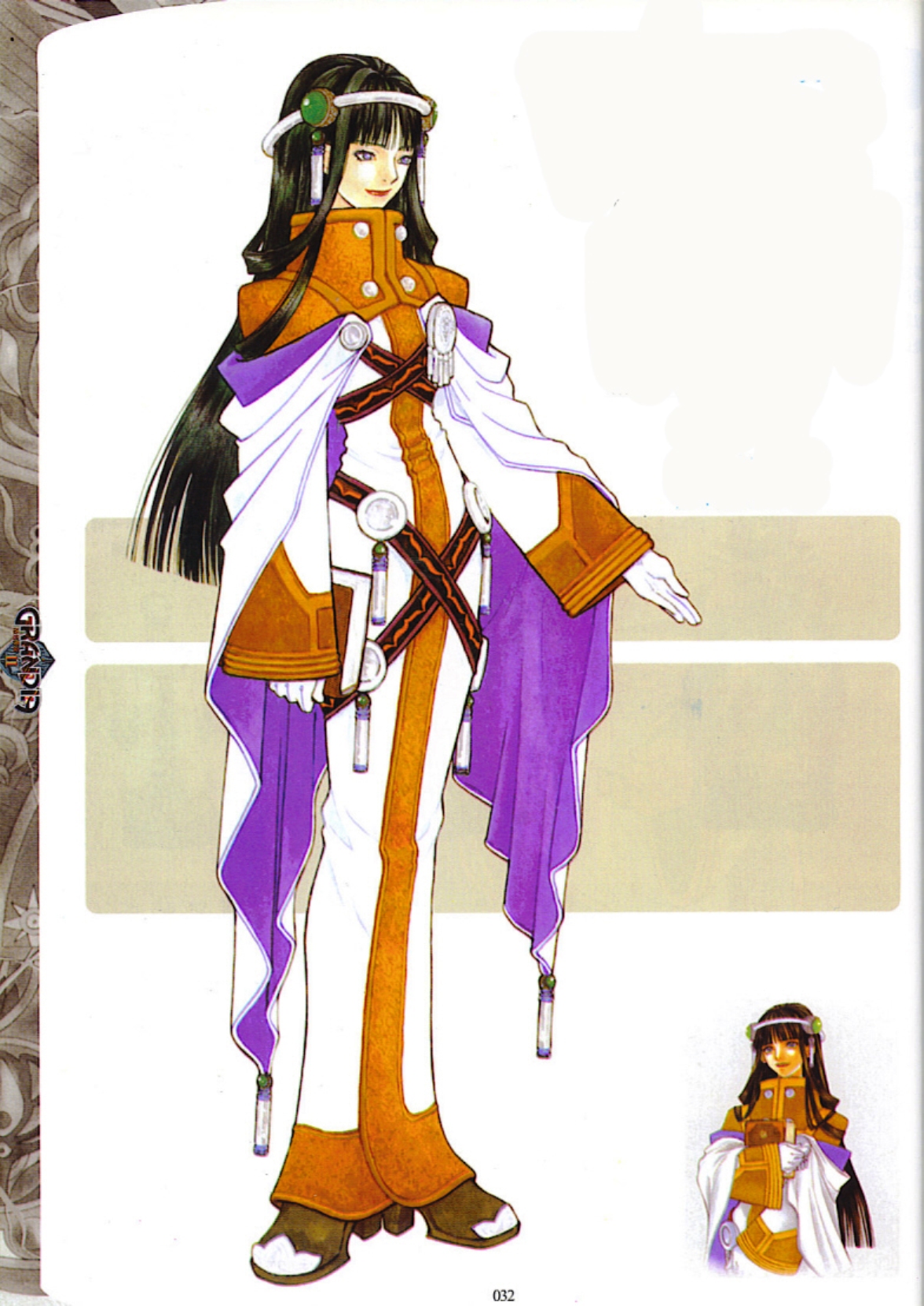 kanoe youshi, selene (grandia), game arts, grandia, grandia ii, highres, official art, scan, 1girl, black hair, blunt bangs, full body, long hair, long sleeves, robe, shoes, simple background, standing, very long hair, white background, wide sleeves
