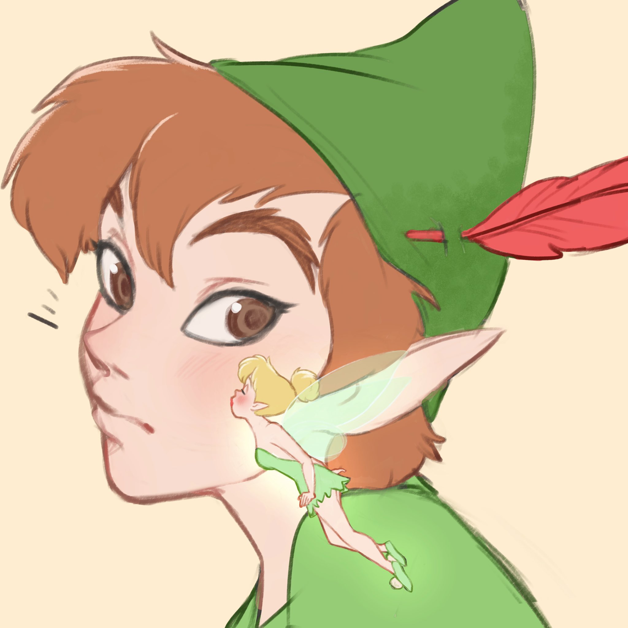 ri ri ri2, tinker bell (disney), walt disney's peter pan, highres, 1boy, 1girl, blonde hair, blush, breasts, brown eyes, brown hair, closed eyes, dress, fairy, fairy wings, green dress, green hat, green shoes, green tunic, hair bun, hat, hat feather, kiss, kissing cheek, medium breasts, phrygian cap, pointy ears, shoes, short dress, short hair, size difference, strapless, strapless dress, tunic, wings