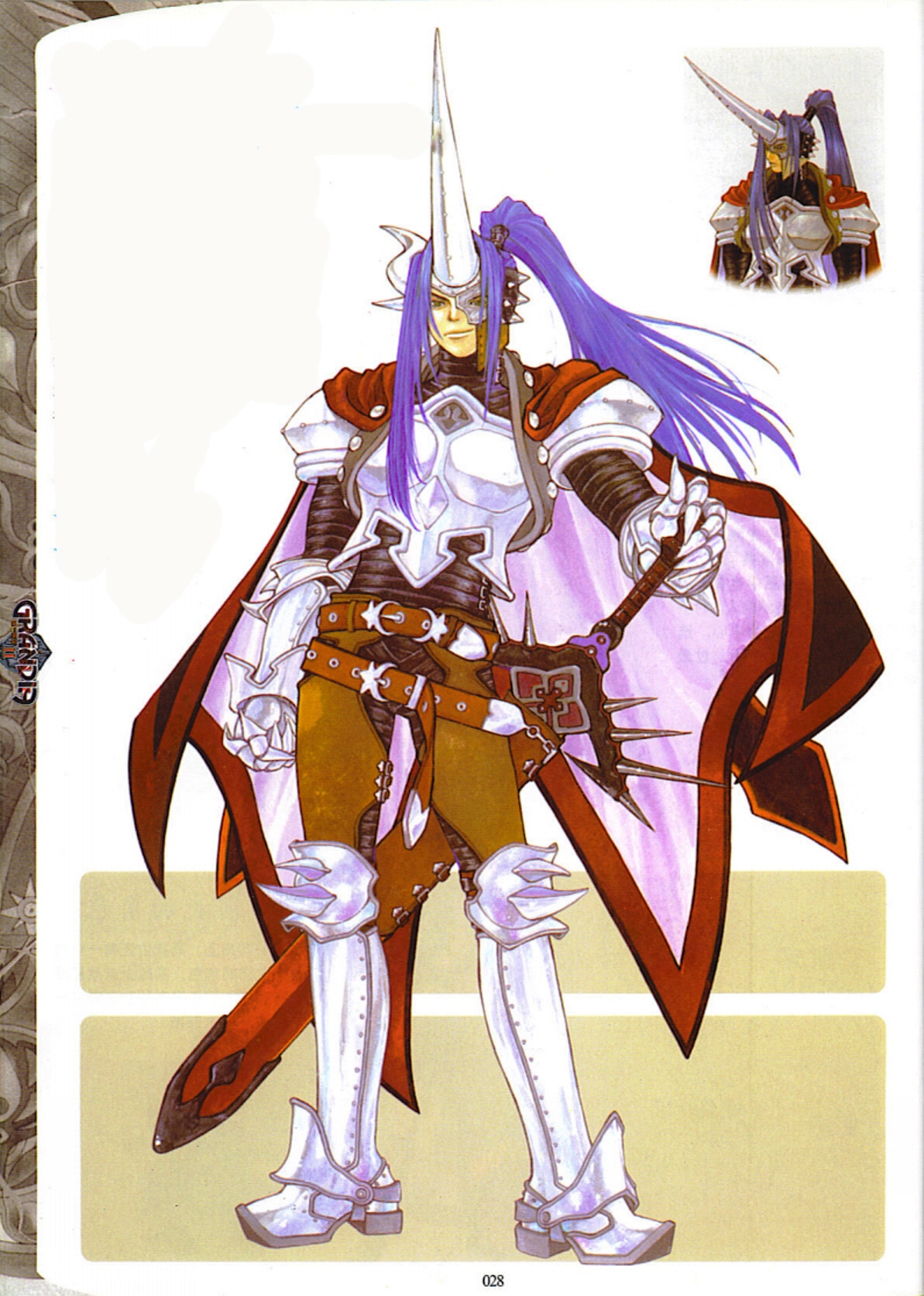 kanoe youshi, melfice (grandia), game arts, grandia, grandia ii, highres, official art, scan, 1boy, boots, half mask, knee boots, male focus, mask, solo, sword, weapon