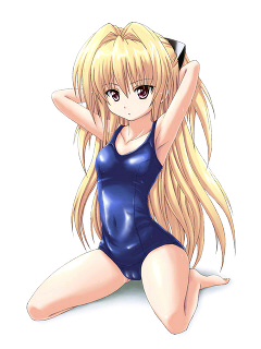 konjiki no yami, to love-ru, lowres, non-web source, 00s, armpits, barefoot, blonde hair, cameltoe, kneeling, long hair, one-piece swimsuit, qvga, school swimsuit, solo, swimsuit, yellow eyes
