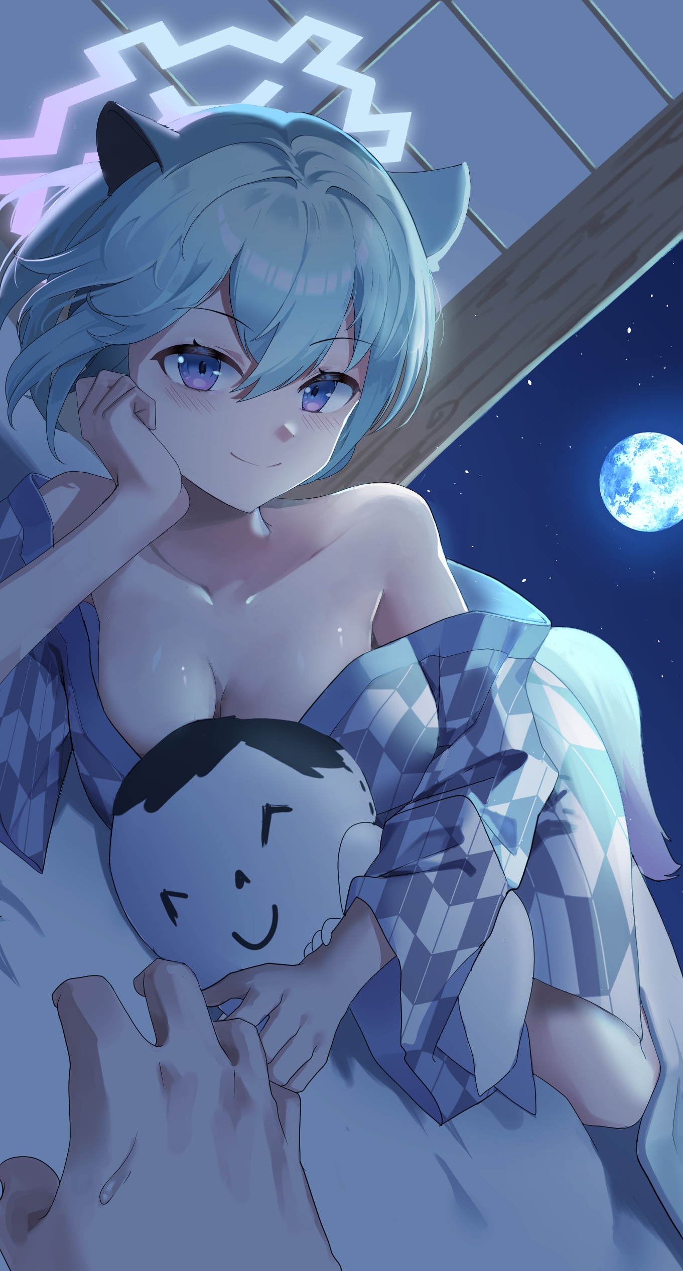 hanzdayo, shigure (blue archive), blue archive, absurdres, highres, 1boy, 1girl, animal ears, aqua hair, blush, breasts, full moon, japanese clothes, kimono, moon, night, purple eyes, short hair, sky, smile, star (sky), starry sky, tail, weasel, weasel ears, weasel girl, weasel tail, yukata