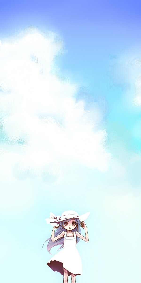 yuh, original, highres, long image, tall image, blue hair, day, dress, hat, sky, solo, sun hat, sundress