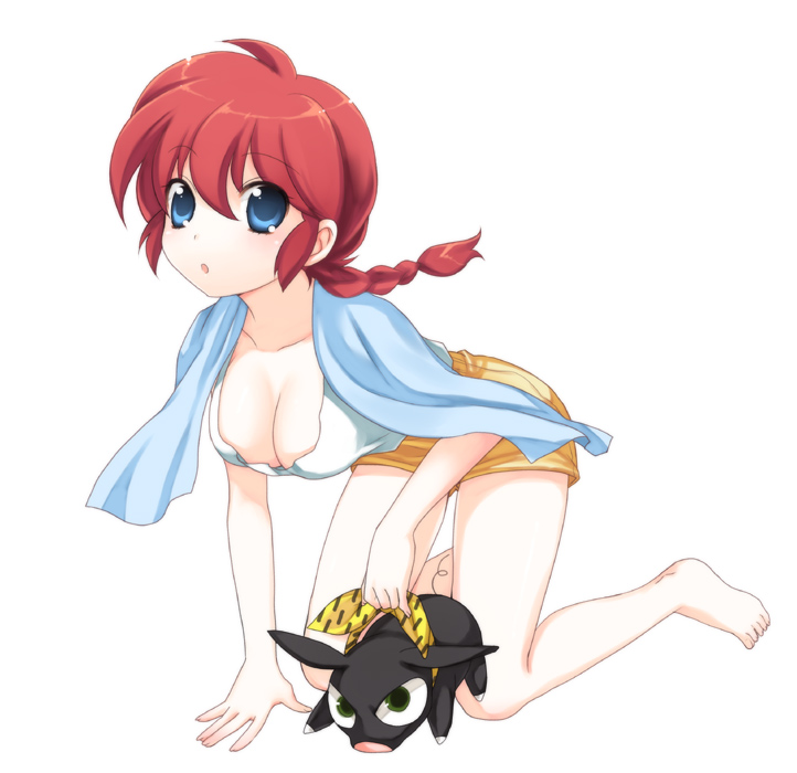 usashiro mani, hibiki ryouga, p-chan, ranma-chan, saotome ranma, ranma 1/2, bad id, bad pixiv id, 1girl, barefoot, blue eyes, braid, breasts, cleavage, genderswap, genderswap (mtf), medium breasts, pig, red hair, shorts, single braid, towel