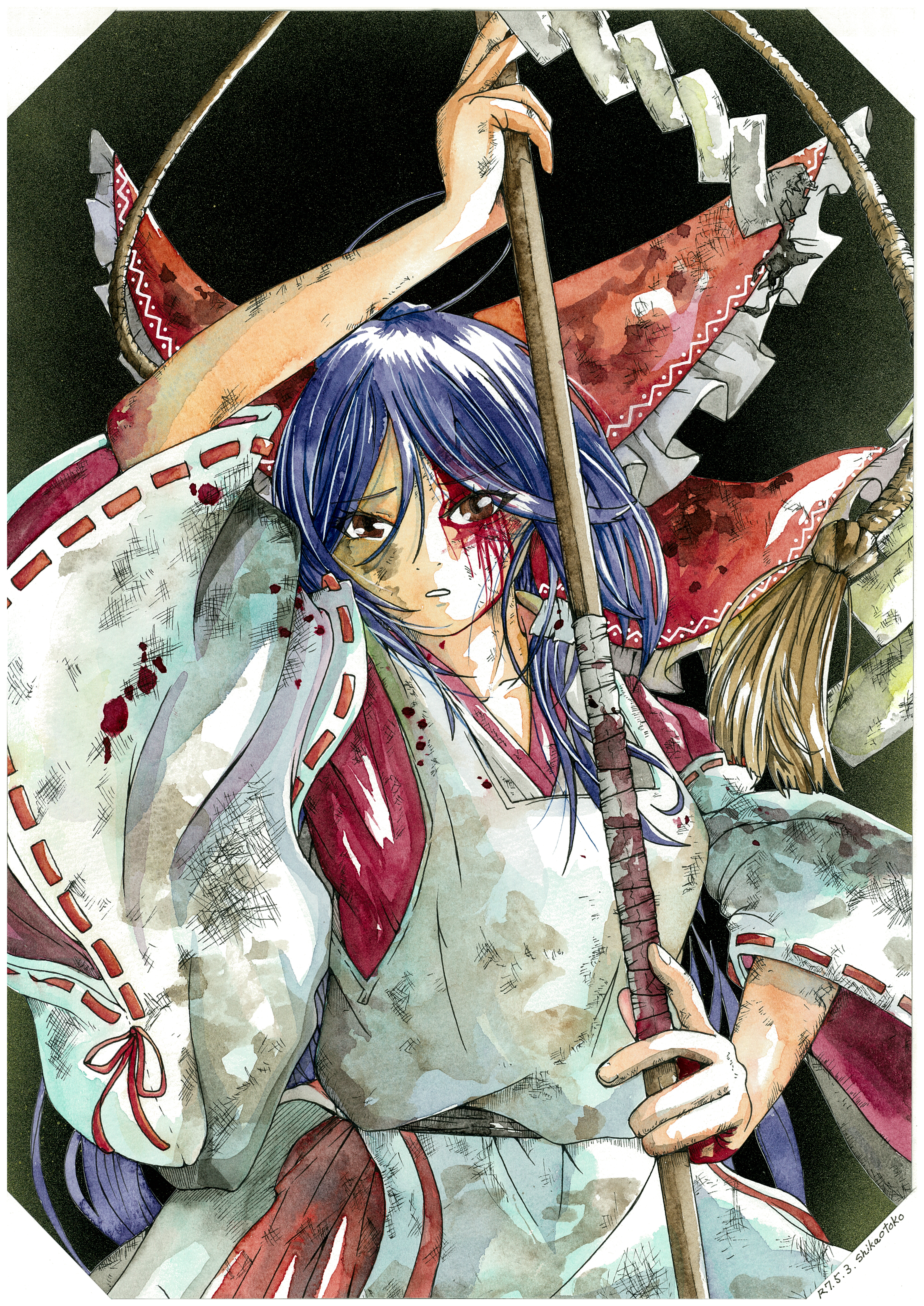 gensokyo's first hakurei miko, touhou, absurdres, commentary request, highres, traditional media, 1girl, black background, blood, blood from forehead, blood on face, blood on hands, border, bow, brown eyes, cowboy shot, dirty, dirty clothes, dirty face, eae40, frilled bow, frilled hair tubes, frills, gohei, hair bow, hair tubes, hand up, holding, holding gohei, holding staff, japanese clothes, kimono, parted lips, purple hair, red bow, red kimono, red skirt, rope, shimenawa, skirt, solo, staff, vest, white border, white sleeves, white vest