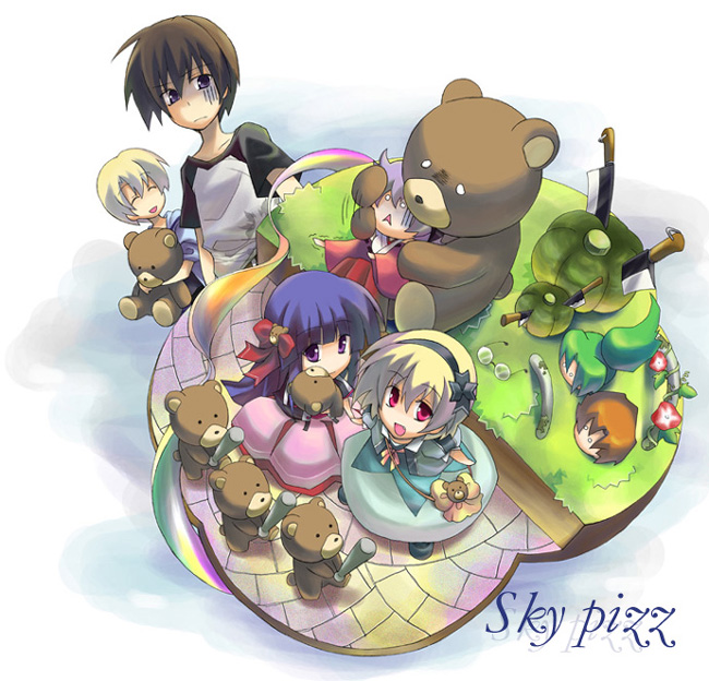 sky pizz, furude rika, hanyuu, houjou satoko, houjou satoshi, maebara keiichi, ryuuguu rena, sonozaki mion, higurashi no naku koro ni, 00s, 2boys, 3girls, bear, billhook, blonde hair, blue eyes, blue hair, brown hair, closed eyes, dress, glasses, green hair, hatchet, horns, japanese clothes, long hair, multiple boys, multiple girls, nata (tool), ponytail, purple eyes, purple hair, raglan sleeves, red eyes, short hair, stuffed animal, stuffed toy, teddy bear, toy
