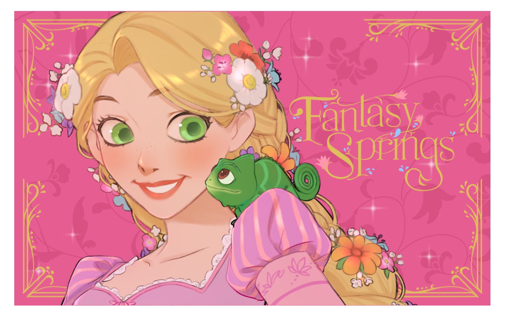 ri ri ri2, pascal (tangled), rapunzel (disney), tangled, highres, 1girl, animal, animal on shoulder, blue flower, border, braid, breasts, collarbone, dress, english text, flower, green eyes, hair flower, hair ornament, juliet sleeves, light blush, lizard, long hair, long sleeves, medium breasts, orange flower, parted bangs, parted lips, pink background, pink dress, pink flower, pink lips, puffy sleeves, red flower, single braid, smile, teeth, upper body, white border, white flower