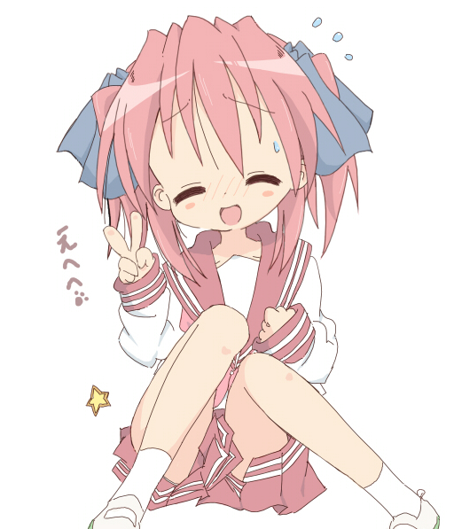core (mayomayo), kobayakawa yutaka, lucky star, bad id, bad pixiv id, 00s, 1girl, bad anatomy, bad hands, blush, blush stickers, closed eyes, female focus, forehead, nervous, pink hair, poorly drawn, school uniform, serafuku, simple background, sitting, smile, solo, sweatdrop, twintails, v