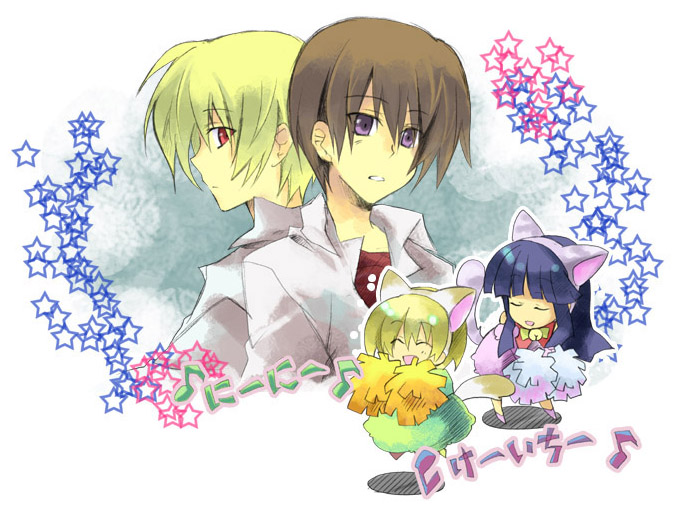sky pizz, furude rika, houjou satoko, houjou satoshi, maebara keiichi, higurashi no naku koro ni, 00s, 2boys, 2girls, animal ears, blonde hair, blue eyes, brown hair, cat ears, cat tail, cheerleader, closed eyes, dress, long hair, multiple boys, multiple girls, pom pom (cheerleading), red eyes, short hair, tail