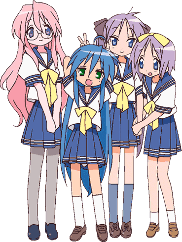 hiiragi kagami, hiiragi tsukasa, izumi konata, takara miyuki, lucky star, lowres, non-web source, 00s, 4girls, glasses, mole, mole under eye, multiple girls, pantyhose, school uniform, serafuku