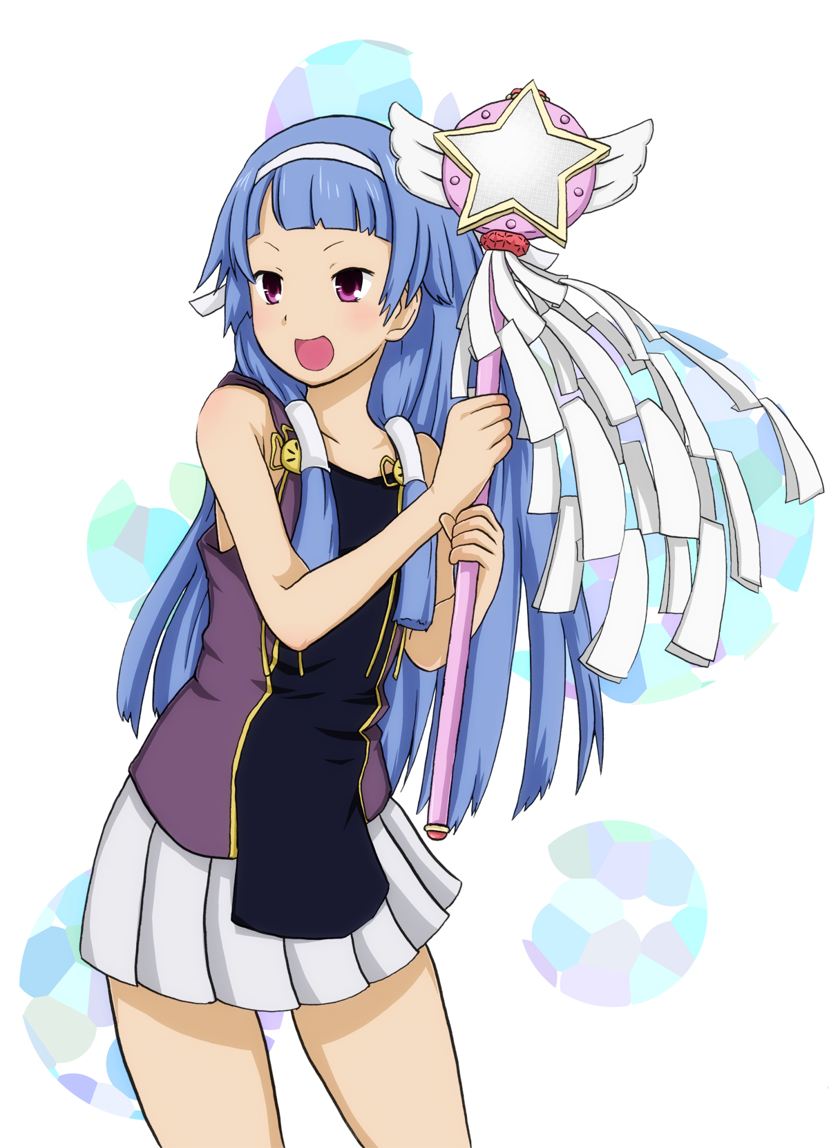 tansan otoko, nagi, kannagi, highres, 00s, 1girl, blue hair, blunt bangs, female focus, hair tubes, long hair, pleated skirt, skirt, solo, wand, white skirt