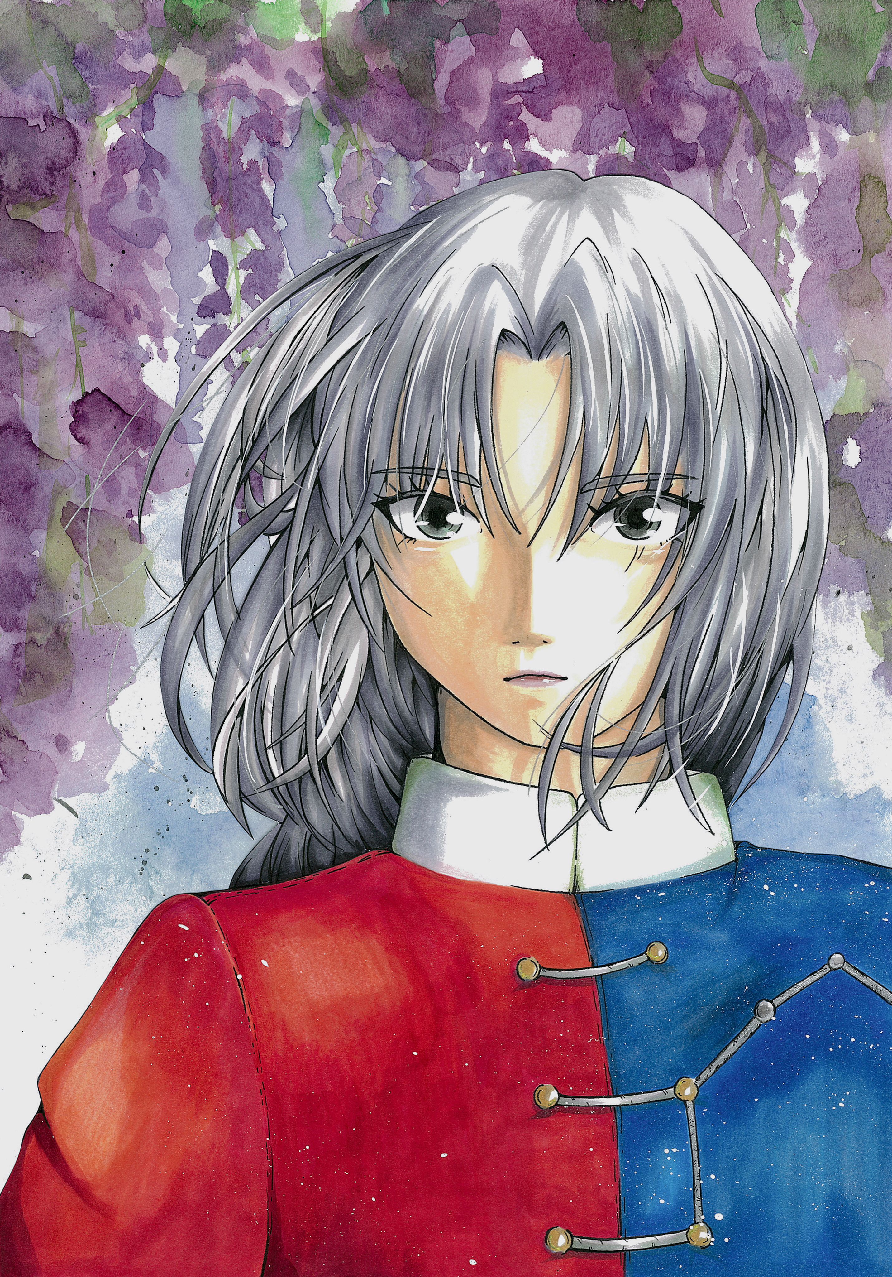 yagokoro eirin, touhou, absurdres, commentary request, highres, painting (medium), traditional media, watercolor (medium), 1girl, blue shirt, closed mouth, eae40, expressionless, flower, grey eyes, grey hair, lips, long hair, looking at viewer, no headwear, purple flower, red shirt, shirt, solo, two-tone shirt, upper body, wisteria
