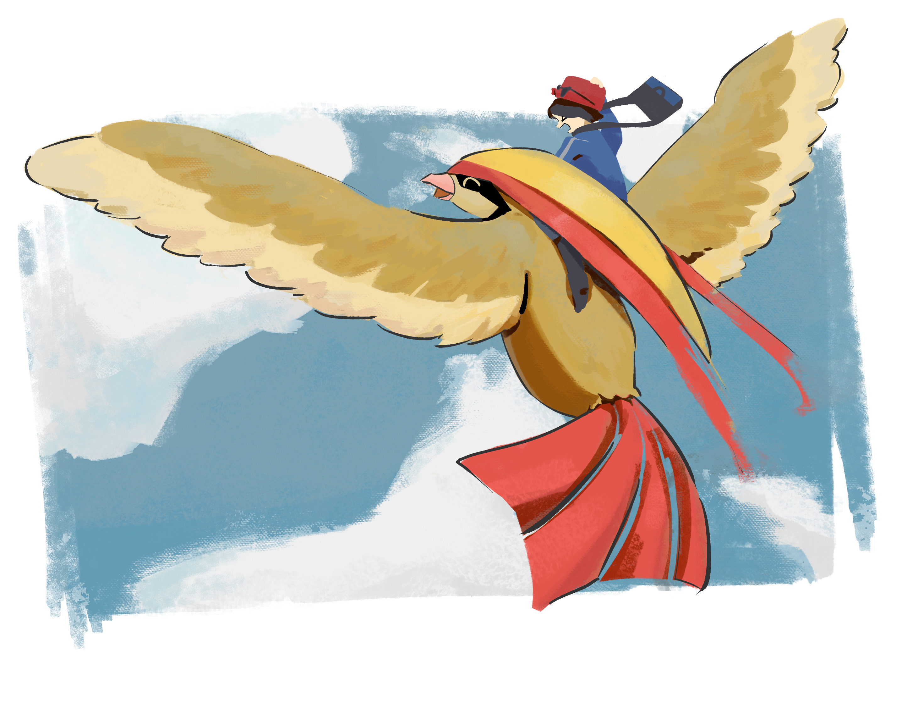 calem (pokemon), pidgeot, nintendo, pokemon, pokemon xy, highres, 1boy, bag, beak, bird, blue jacket, blue sky, cloud, dessestuff, gen 1 pokemon, hat, jacket, pokemon (creature), red hat, riding, riding pokemon, shoulder bag, sky