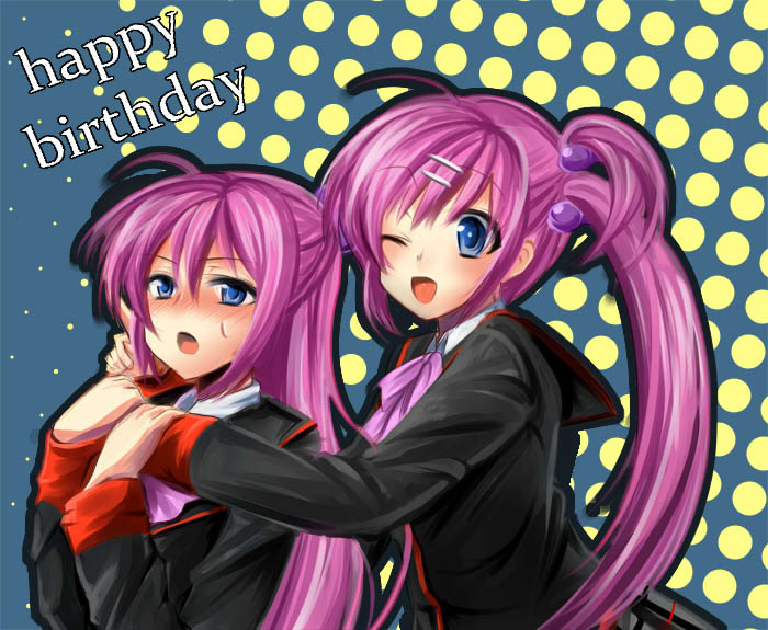 masayu, futaki kanata, saigusa haruka, little busters!, 2girls, blush, bow, hair ornament, hairclip, half updo, hug, long hair, multiple girls, one eye closed, pink bow, ponytail, school uniform, serafuku, siblings, sisters, wink
