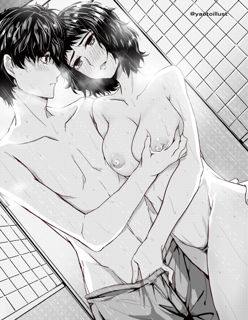 yaoto, amamiya ren, kawakami sadayo, persona, persona 5, 1boy, 1girl, blush, breasts, completely nude, dutch angle, grabbing another's breast, greyscale, groping, hand under clothes, hetero, large breasts, monochrome, nude, smile, teacher and student