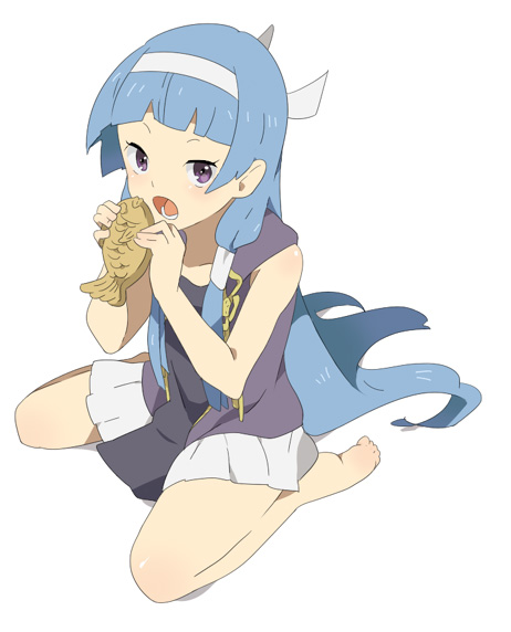 hayato (meromoni), nagi, kannagi, 00s, 1girl, barefoot, blue hair, blunt bangs, female focus, food, hair tubes, long hair, pleated skirt, skirt, solo, taiyaki, wagashi, white skirt