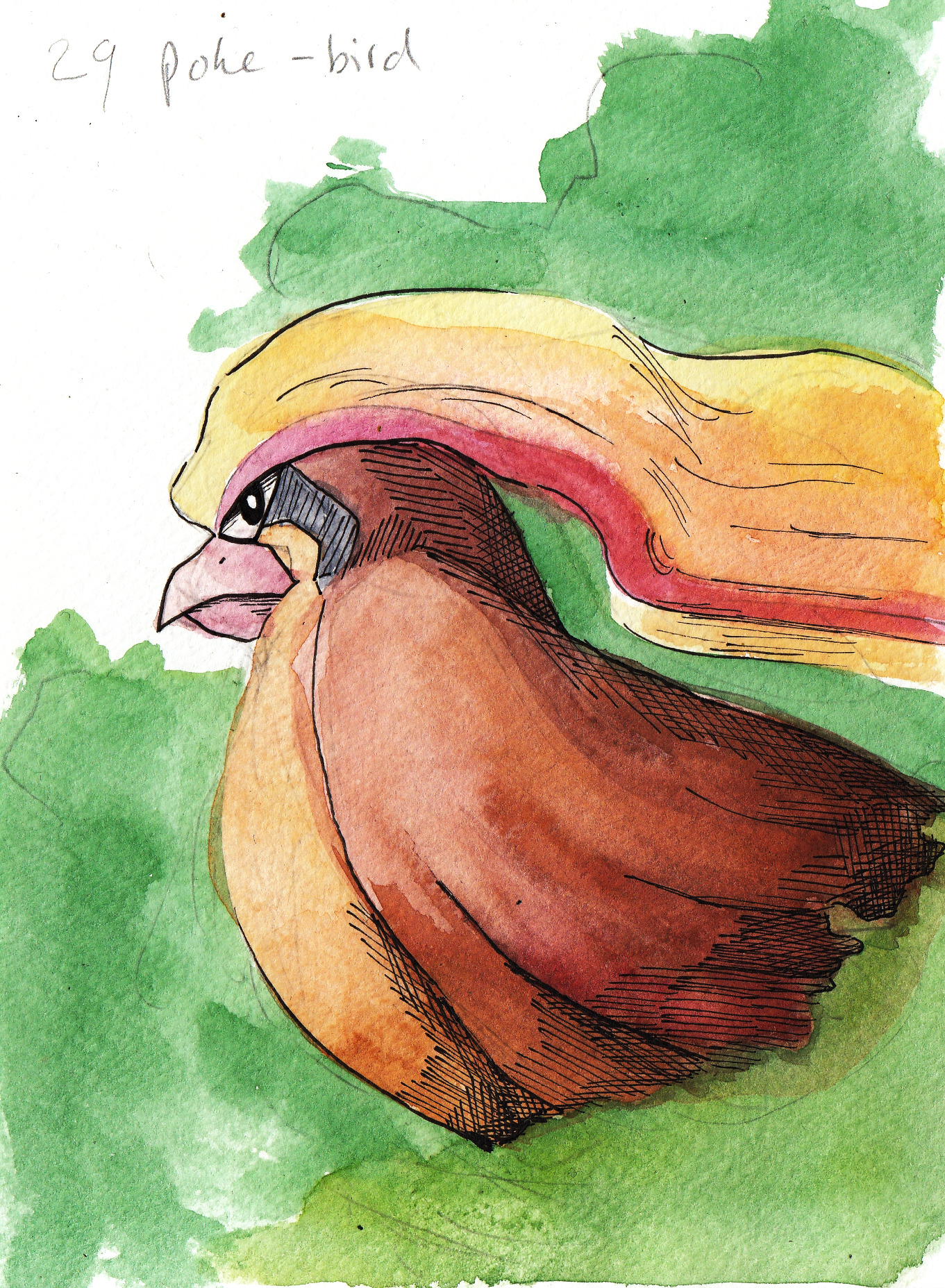 pidgeot, nintendo, pokemon, highres, traditional media, artist name, beak, bird, gen 1 pokemon, inktober, no humans, numbered, pokemon (creature), redbird-art, solo