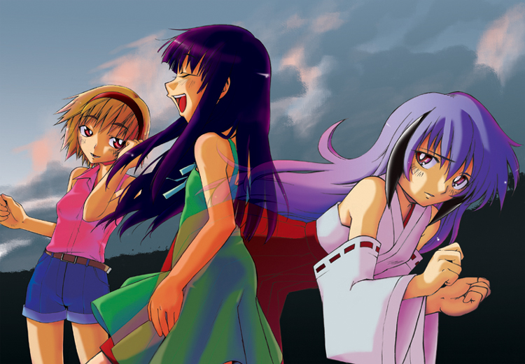 furude rika, hanyuu, houjou satoko, higurashi no naku koro ni, 00s, 3girls, blonde hair, closed eyes, dress, ghost, green skirt, hairband, horns, japanese clothes, long hair, multiple girls, orange eyes, purple eyes, purple hair, short hair, skirt, sky