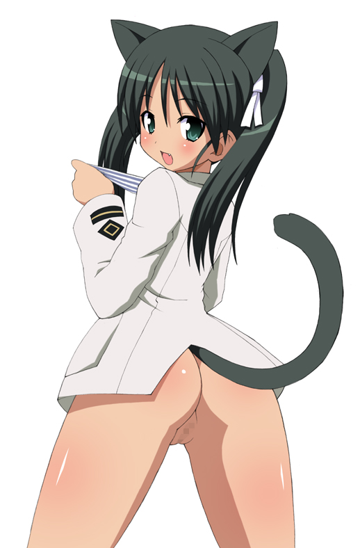 maruken, shishimaru ken'ya, francesca lucchini, strike witches, world witches series, 00s, 1girl, animal ears, ass, black hair, censored, female focus, green eyes, looking at viewer, no breasts, open mouth, petite, pussy, solo, tail, twintails