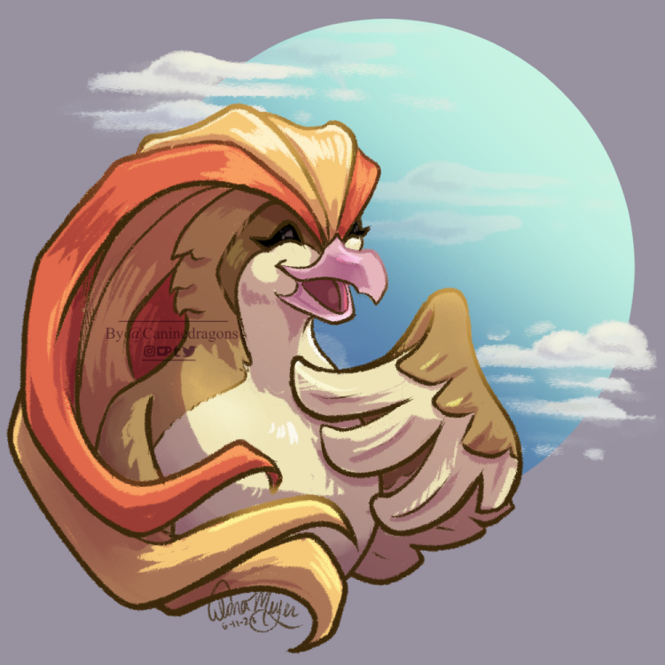 pidgeot, nintendo, pokemon, artist name, beak, bird, cd-illustration, closed eyes, cloud, gen 1 pokemon, no humans, open mouth, pigeon, pokemon (creature), signature, solo, upper body, watermark