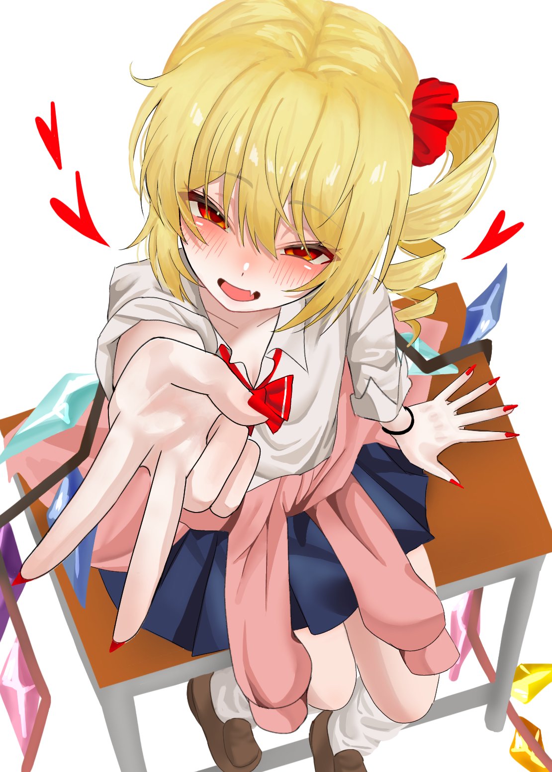 flandre scarlet, touhou, highres, 1girl, blonde hair, bow, bowtie, cardigan, cardigan around waist, clothes around waist, crystal, crystal wings, desk, fang, flat chest, gyaru, gyaru v, hair between eyes, hair bow, heart, kogal, looking at viewer, loose bowtie, loose socks, multicolored wings, nail polish, nori 01216, on desk, one side up, partially unbuttoned, red eyes, red nails, scrunchie, short hair, side ponytail, simple background, sitting, sleeves rolled up, smile, socks, solo, spoken heart, v, wings, wrist scrunchie