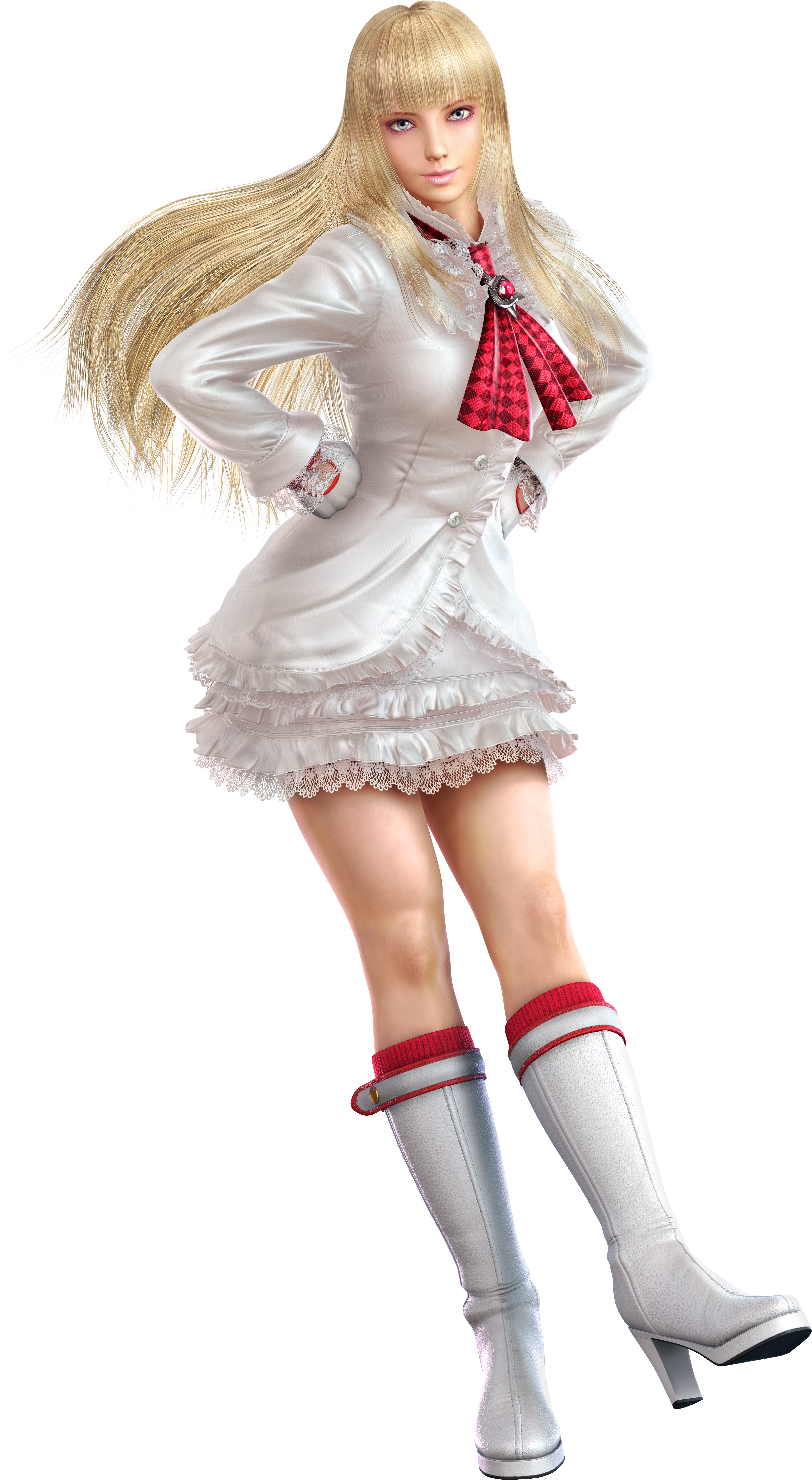 emilie de rochefort, namco, tekken, tekken 5 (dark resurrection), absurdres, highres, official art, 1girl, 3d, blonde hair, blue eyes, boots, eyeshadow, female focus, fingerless gloves, gloves, hands on own hips, high heel boots, high heels, knee boots, long hair, makeup, shoes, smile, solo
