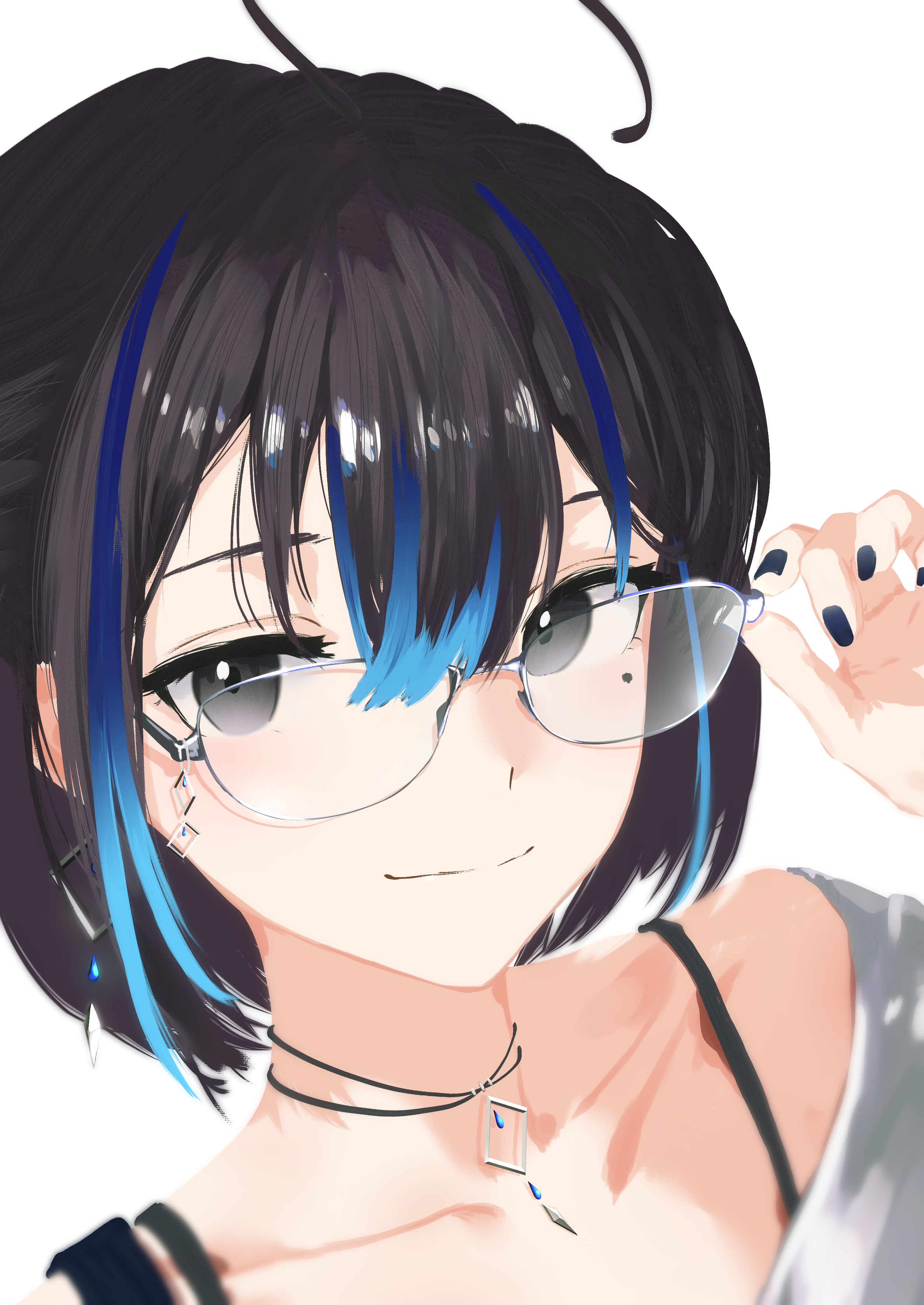 cohi27151463, yubari rei, indie virtual youtuber, absurdres, highres, 1girl, adjusting eyewear, ahoge, black eyes, black hair, black nails, blue hair, blue streaks, bra strap, closed mouth, collarbone, double-parted bangs, earrings, glasses, hair between eyes, hand up, jewelry, light smile, looking at viewer, mole, mole under eye, multicolored hair, nail polish, necklace, off-shoulder shirt, off shoulder, shirt, short hair, simple background, single earring, smile, solo, streaked hair, virtual youtuber, white background, white shirt