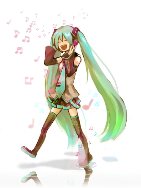 nagita, hatsune miku, vocaloid, bad id, bad pixiv id, detached sleeves, green hair, long hair, music, singing, solo, thighhighs, twintails, very long hair