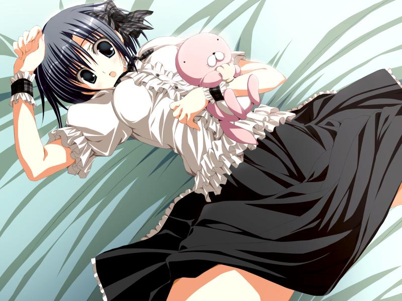 korie riko, senkawa nagaru, terebi no kieta hi, game cg, non-web source, 1girl, bed, black eyes, black hair, female focus, lying, rabbit, short hair, solo, spread legs, stuffed animal, stuffed toy, wrist cuffs, you gonna get raped