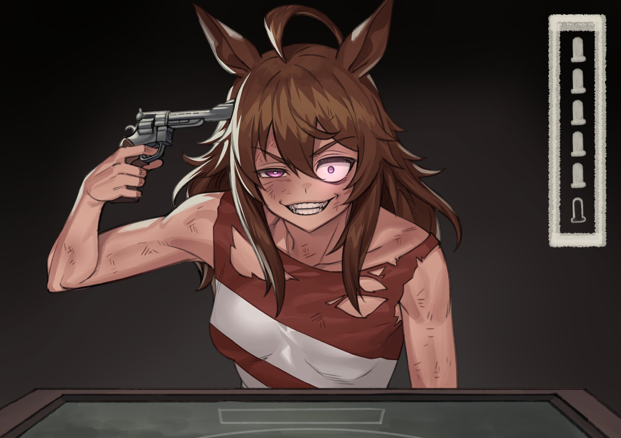 fukuro (maruaru00), nakayama festa (umamusume), umamusume, commentary request, highres, 1girl, ahoge, animal ears, brown hair, crazy eyes, grin, gun, hair between eyes, handgun, holding, holding gun, holding weapon, horse ears, horse girl, huge ahoge, indoors, long hair, no coat, revolver, russian roulette, sidelocks, smile, solo, striped clothes, toned, toned female, torn clothes, uneven eyes, upper body, weapon