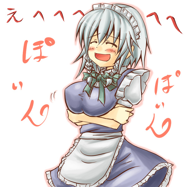 mamoi, mamoya (pixiv), izayoi sakuya, touhou, silver hair, translation request, 1girl, braid, female focus, short hair, solo, twin braids