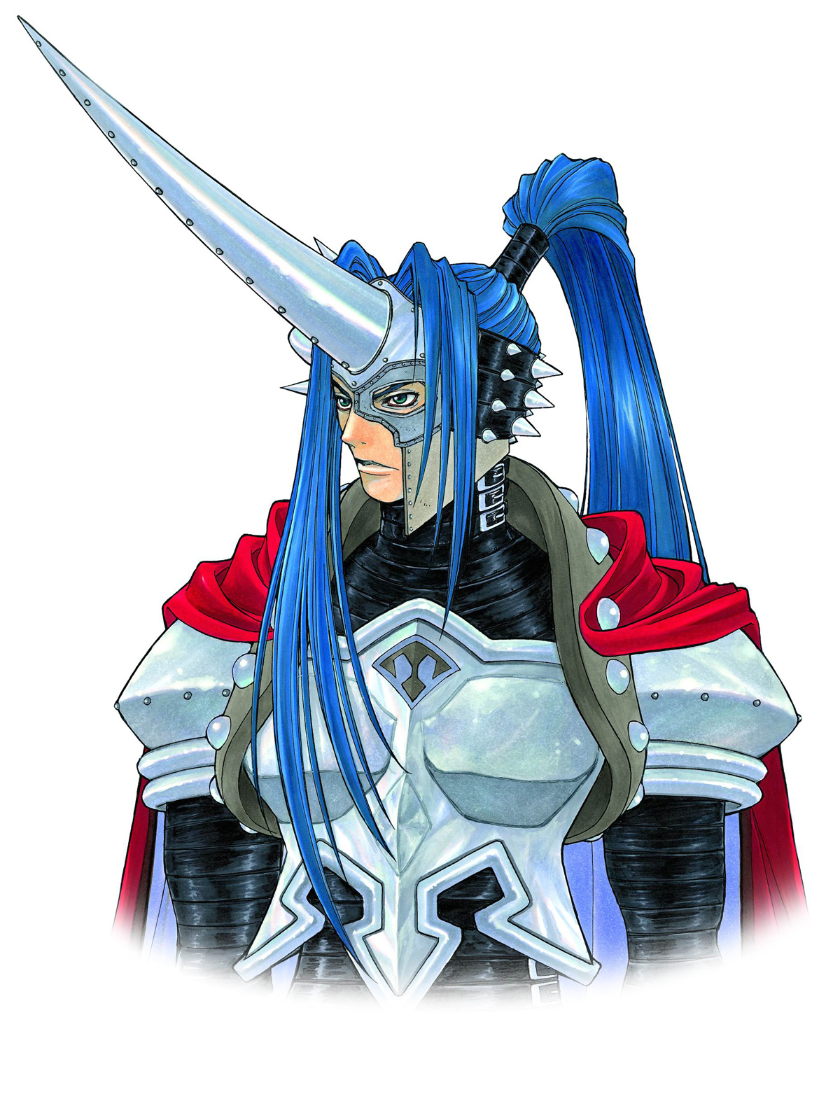 kanoe youshi, melfice (grandia), game arts, grandia, grandia ii, highres, official art, scan, 1boy, armor, half mask, horns, male focus, mask, simple background, single horn, solo, white background