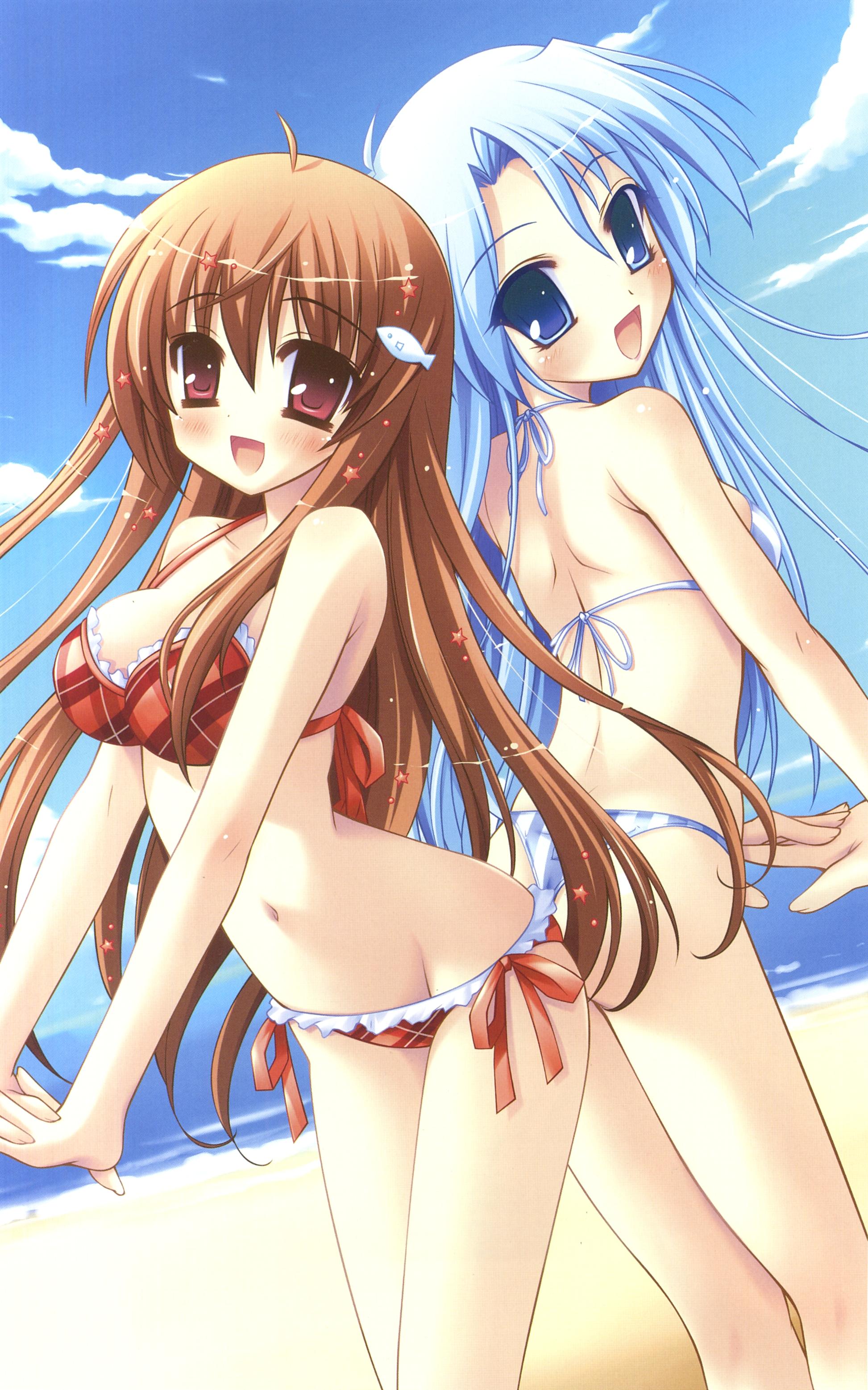 inugahora an, ichinose yuuka, yuunagi juri, tsunagaru bangle, absurdres, highres, 2girls, ahoge, back-to-back, beach, bikini, blue eyes, blue hair, blush, brown hair, day, fish hair ornament, hair ornament, hairclip, looking back, lowleg, lowleg bikini, multiple girls, outdoors, own hands clasped, own hands together, panties, plaid bikini, plaid clothes, purple eyes, red eyes, star (symbol), star hair ornament, swimsuit, thong, thong bikini, underwear