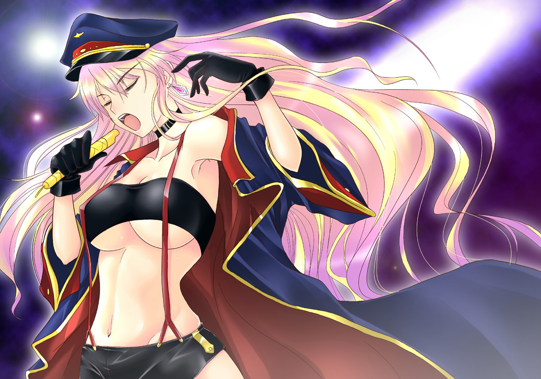kurogane (blackxsilver), sheryl nome, macross, macross frontier, 00s, 1girl, bandeau, breasts, closed eyes, coat, earrings, female focus, gloves, hat, jewelry, large breasts, long hair, microphone, music, peaked cap, pink hair, singing, solo, strapless, suspenders, tube top, underboob