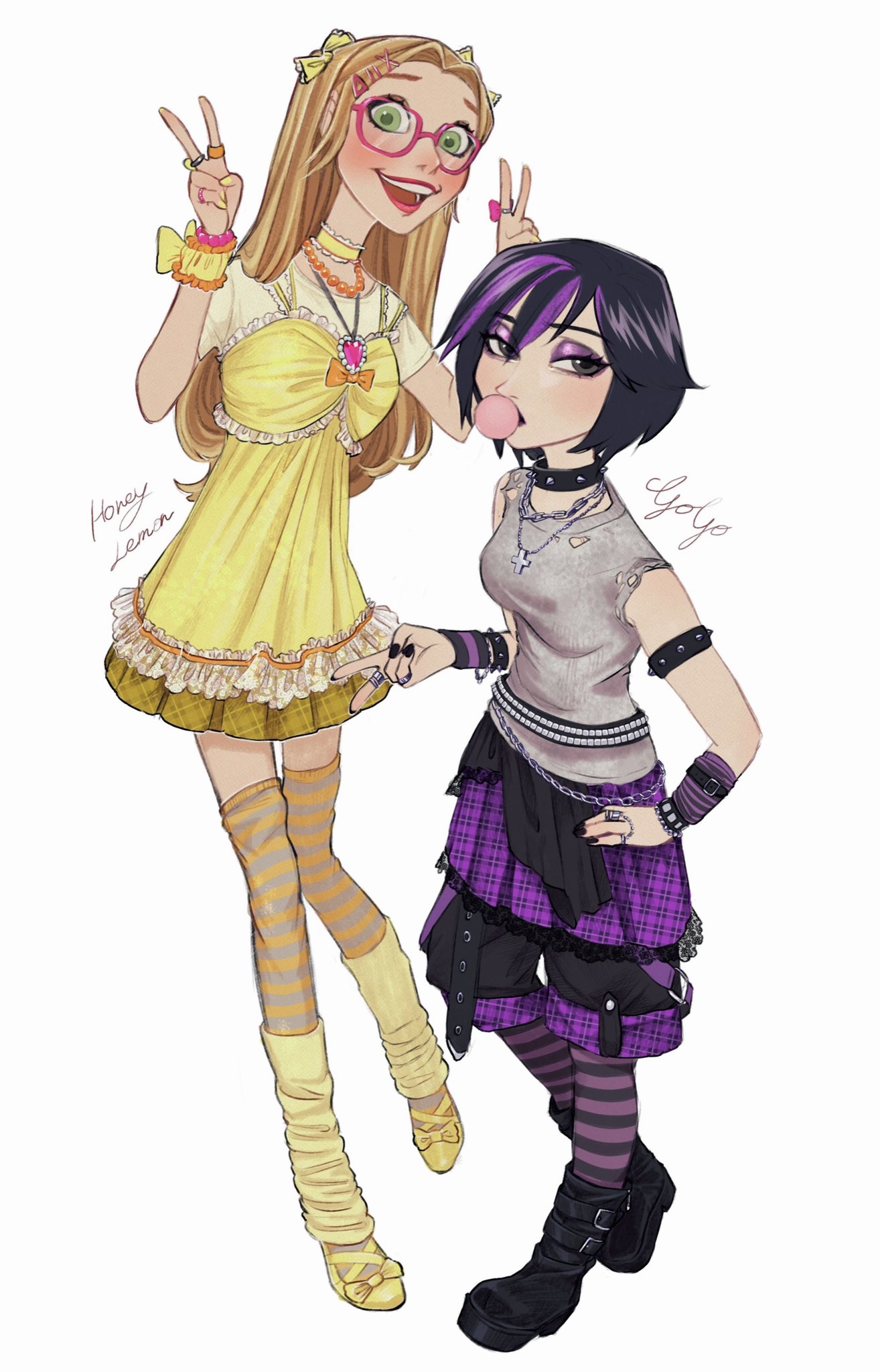 ri ri ri2, gogo tomago, honey lemon, big hero 6, highres, 2girls, ballet slippers, bead necklace, beads, belt, black boots, black hair, black nails, black shorts, blonde hair, blowing bubble gum, blush, boots, bow, bracelet, breasts, chain belt, character name, chewing gum, choker, cross, cross necklace, double v, eyeshadow, full body, gem, glasses, green eyes, grey eyes, grey shirt, hair bow, hair ornament, hairclip, half updo, hand on own hip, jewelry, lace-trimmed choker, lace trim, leg warmers, long hair, makeup, medium breasts, multicolored hair, multiple girls, multiple necklaces, multiple rings, nail polish, necklace, open mouth, pantyhose, parted bangs, pink gemstone, plaid clothes, plaid skirt, pleated skirt, purple eyeshadow, purple hair, purple skirt, ribbon, ring, shirt, shoes, short hair, shorts, shorts under skirt, skirt, smile, standing, streaked hair, striped clothes, striped pantyhose, striped thighhighs, studded armlet, studded belt, studded bracelet, studded choker, thighhighs, torn clothes, torn sleeves, twintails, v, white background, wrist ribbon, wristband, x hair ornament, yellow bow, yellow choker, yellow leg warmers, yellow nails, yellow shirt, yellow shoes, yellow skirt