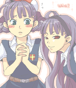 tsuyuka (sunny spot), dark eclair, eclair (la pucelle), la pucelle, nippon ichi, lowres, belt, blush, dual persona, long hair, oekaki, purple hair