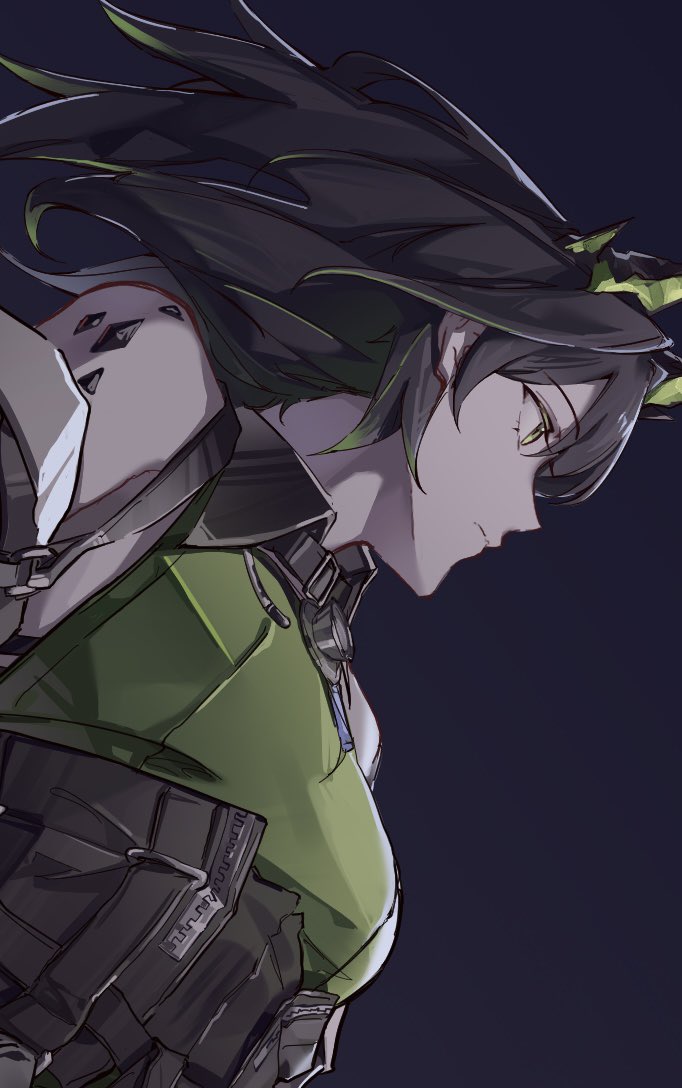 haaahoi, mon3tr (arknights), arknights, commentary, unfinished, 1girl, bare shoulders, black background, black collar, black hair, breasts, closed mouth, collar, crystal horns, detached collar, dress, expressionless, floating hair, from below, from side, green dress, green eyes, green streaks, hair between eyes, long hair, looking ahead, material growth, medium breasts, multicolored hair, nose, oripathy lesion (arknights), profile, sidelocks, simple background, sleeveless, sleeveless dress, solo, stethoscope, stethoscope around neck, streaked hair, underbust, upper body